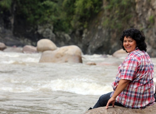 Berta Caceres stands at the Gualcarque River in the Rio Blanco region of western Honduras where she, COPINH (the Council of Popular and Indigenous Organizations of Honduras) and the people of Rio Blanco have maintained a two year struggle to halt construction on the Agua Zarca Hydroelectric project, that poses grave threats to local environment, river and indigenous Lenca people from the region.